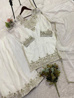 Very Attractive White Fandy Silk Embroidered Suit Set with Dupatta