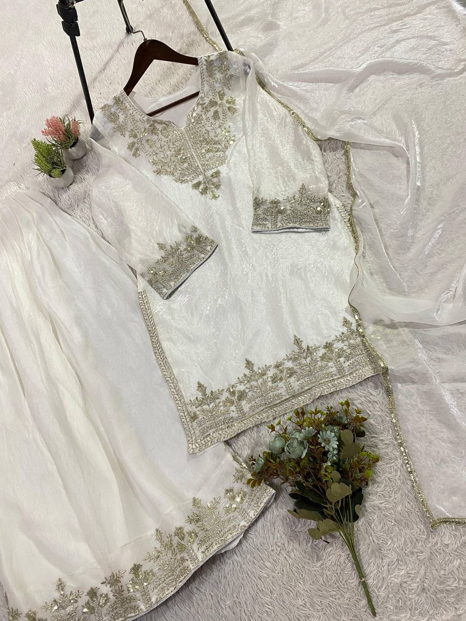 Very Attractive White Fandy Silk Embroidered Suit Set with Dupatta