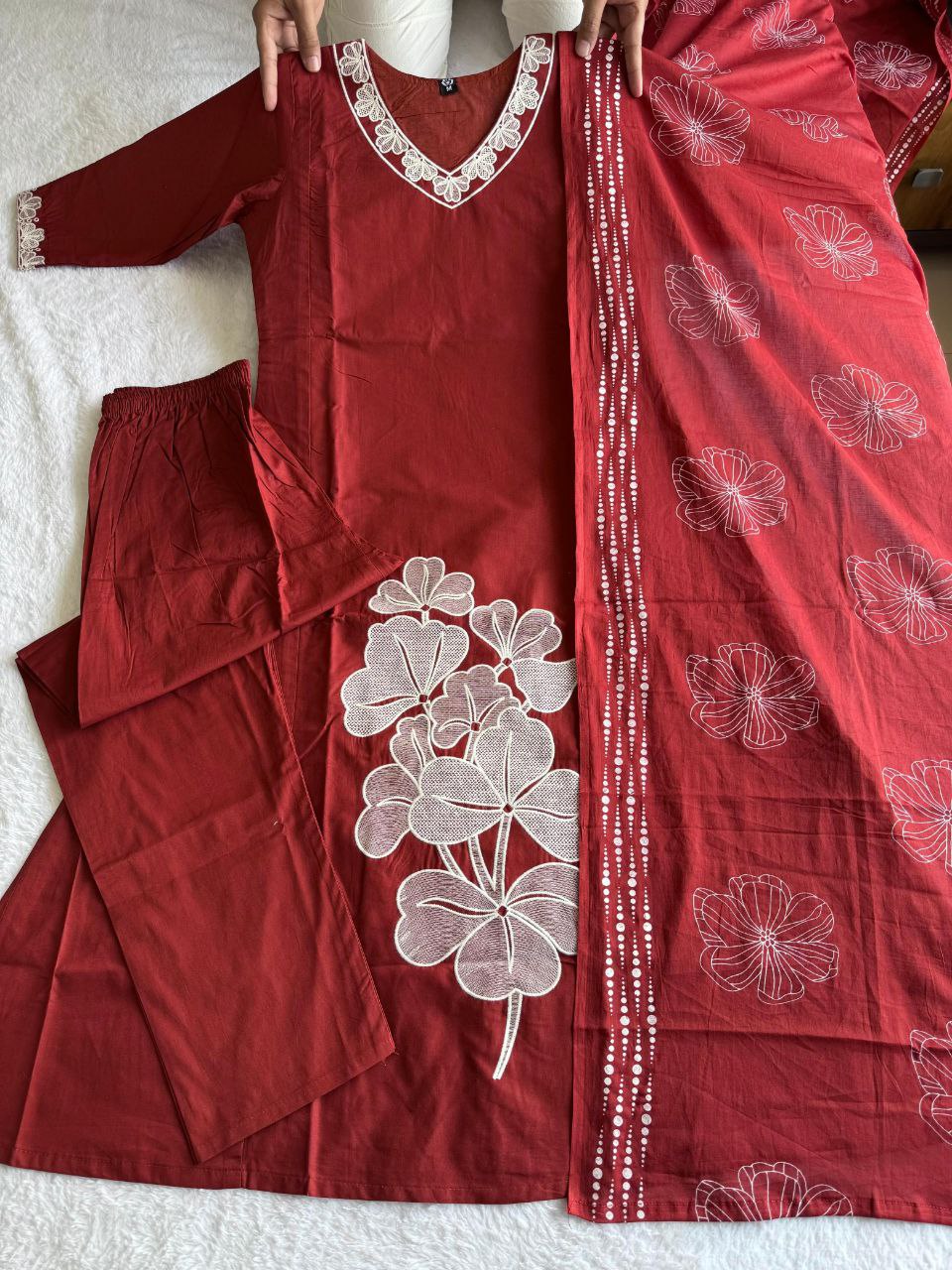 Very Beautiful Red Floral Embroidered Cotton Suit Set
