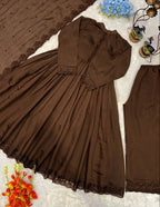 New Designer Party Wear Look Roman Silk Embroidered Anarkali Gown Set