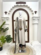Elegant Beige Rayon Satin Thread Work Kurta Palazzo Set