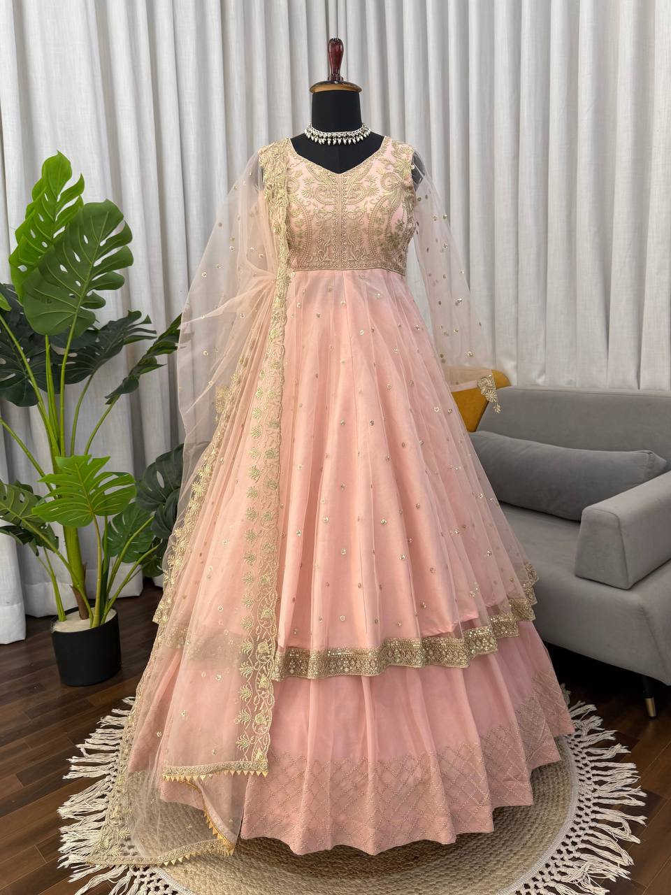 Peach Faux Georgette Thread and Sequence Anarkali Suit Set