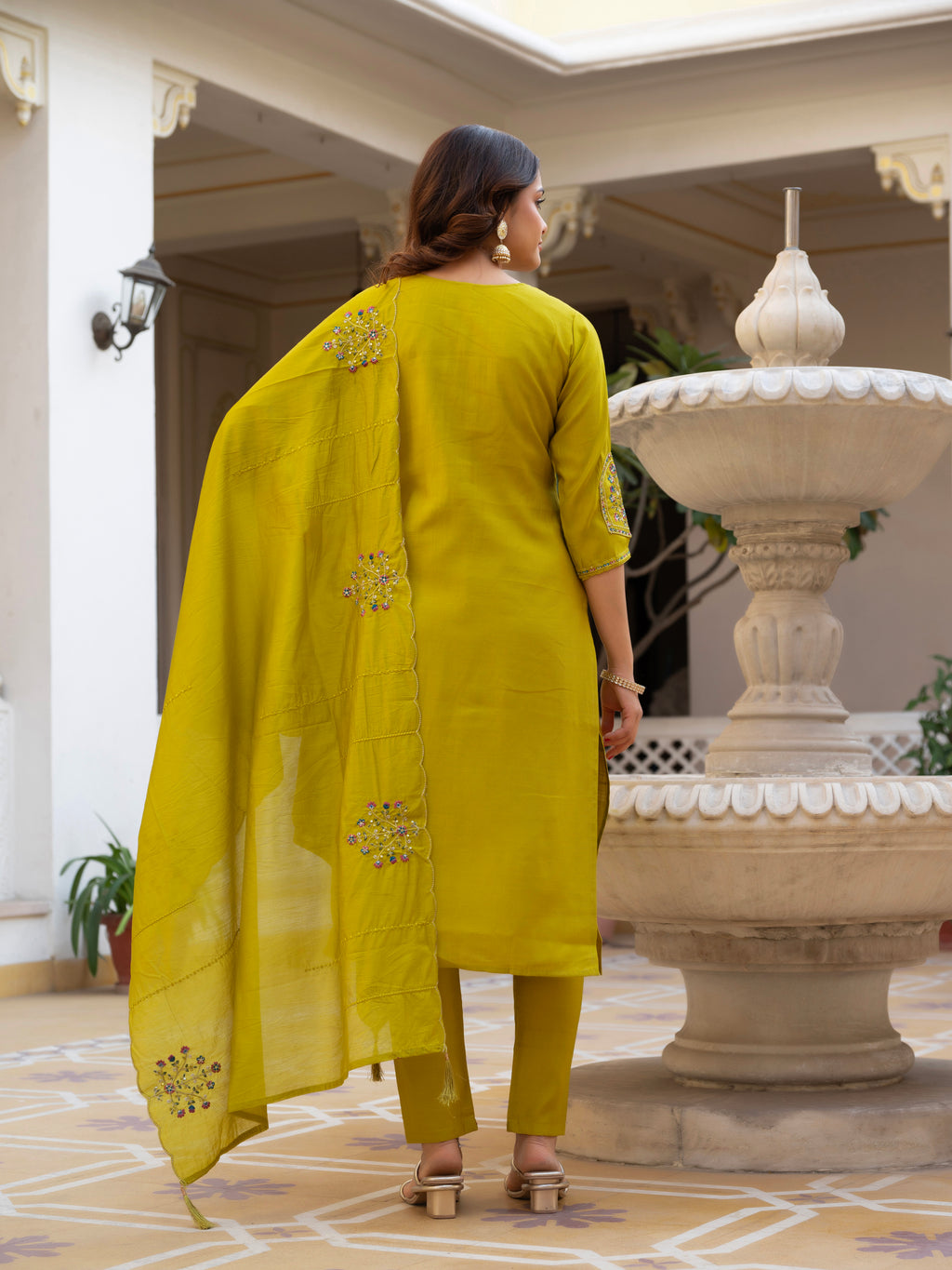 Luxury Pure Viscose Mango Silk Floral Embroidered Suit Set