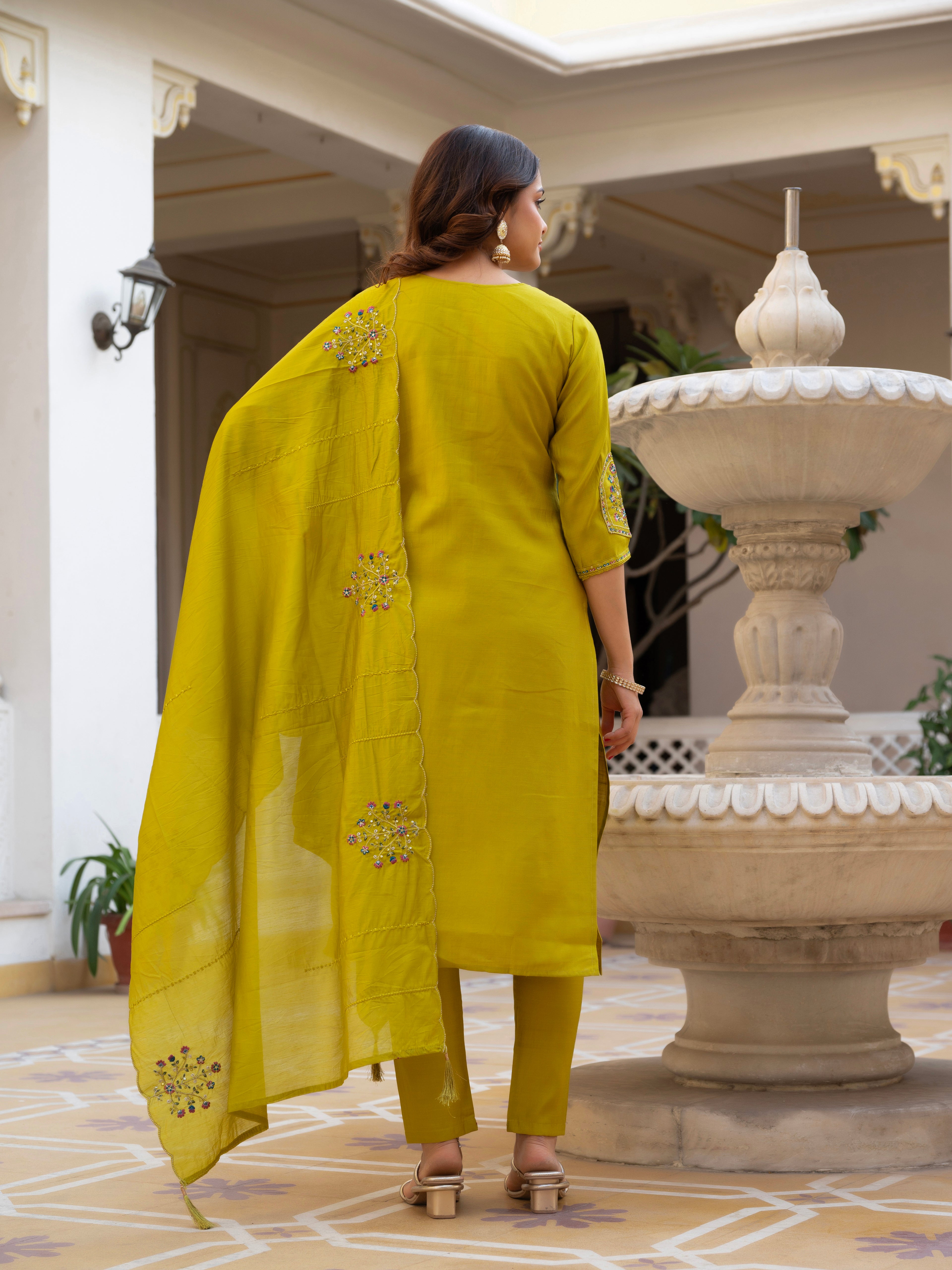Luxury Pure Viscose Mango Silk Floral Embroidered Suit Set