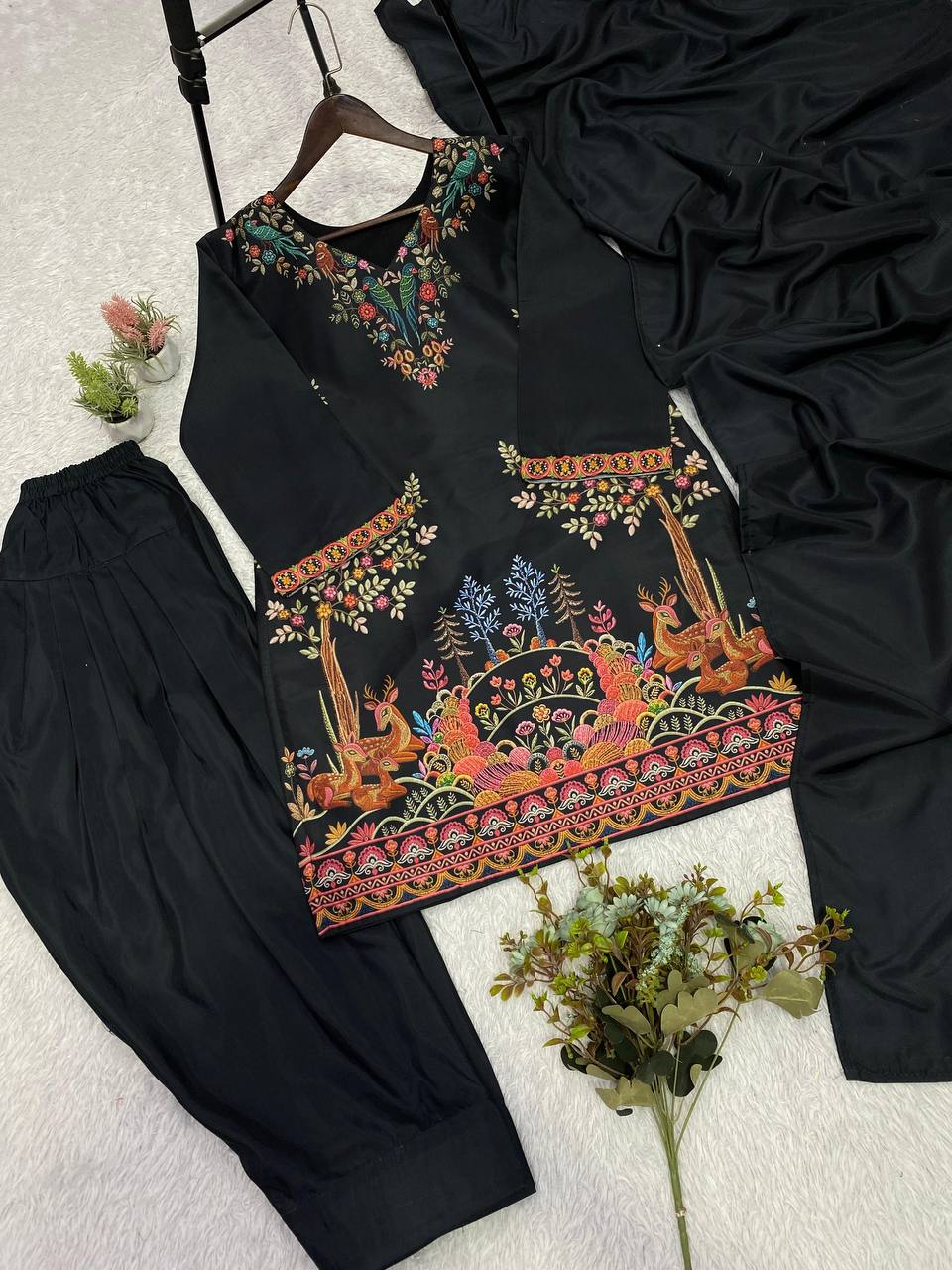 Very Attractive Jet Black Roman Silk Printed Salwar Suit Set