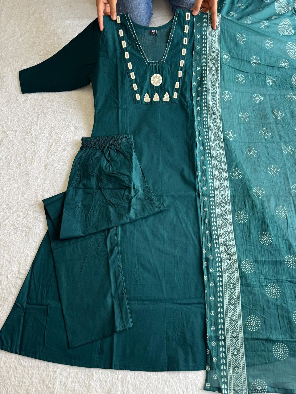 Emerald Teal Cotton Ethnic Suit Set With Real Mirror Hand Work