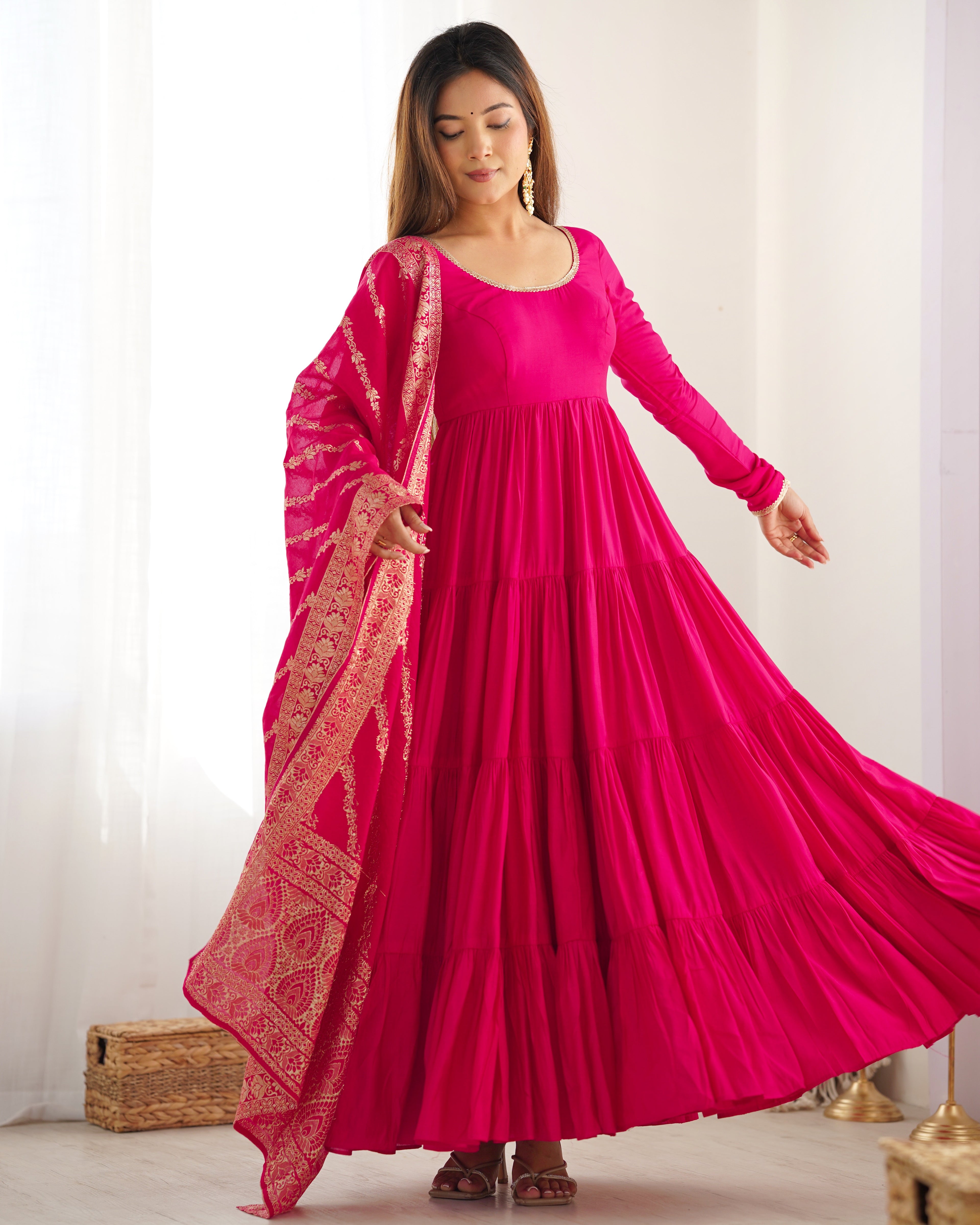 Pink Roman Silk Anarkali Suit Set with Woven Banarasi Dupatta
