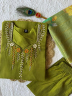 Premium Olive Green Mul Chanderi Suit Set With Beautiful Handwork