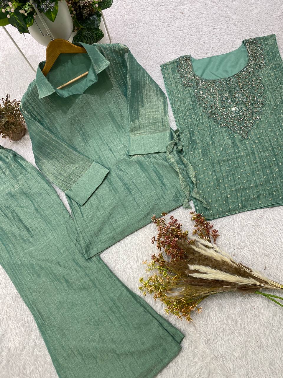 Very Beautiful Sage Green Salsa Silk HandWork Co-Ord Set