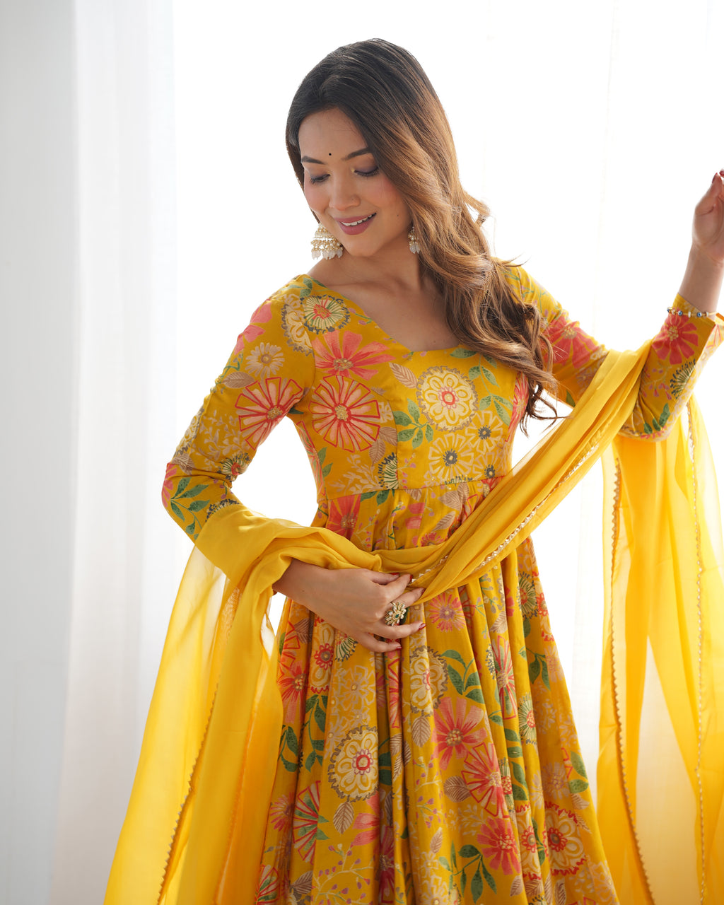 Sunshine Bloom Printed Roman Silk Kurta Palazzo Set with Dupatta