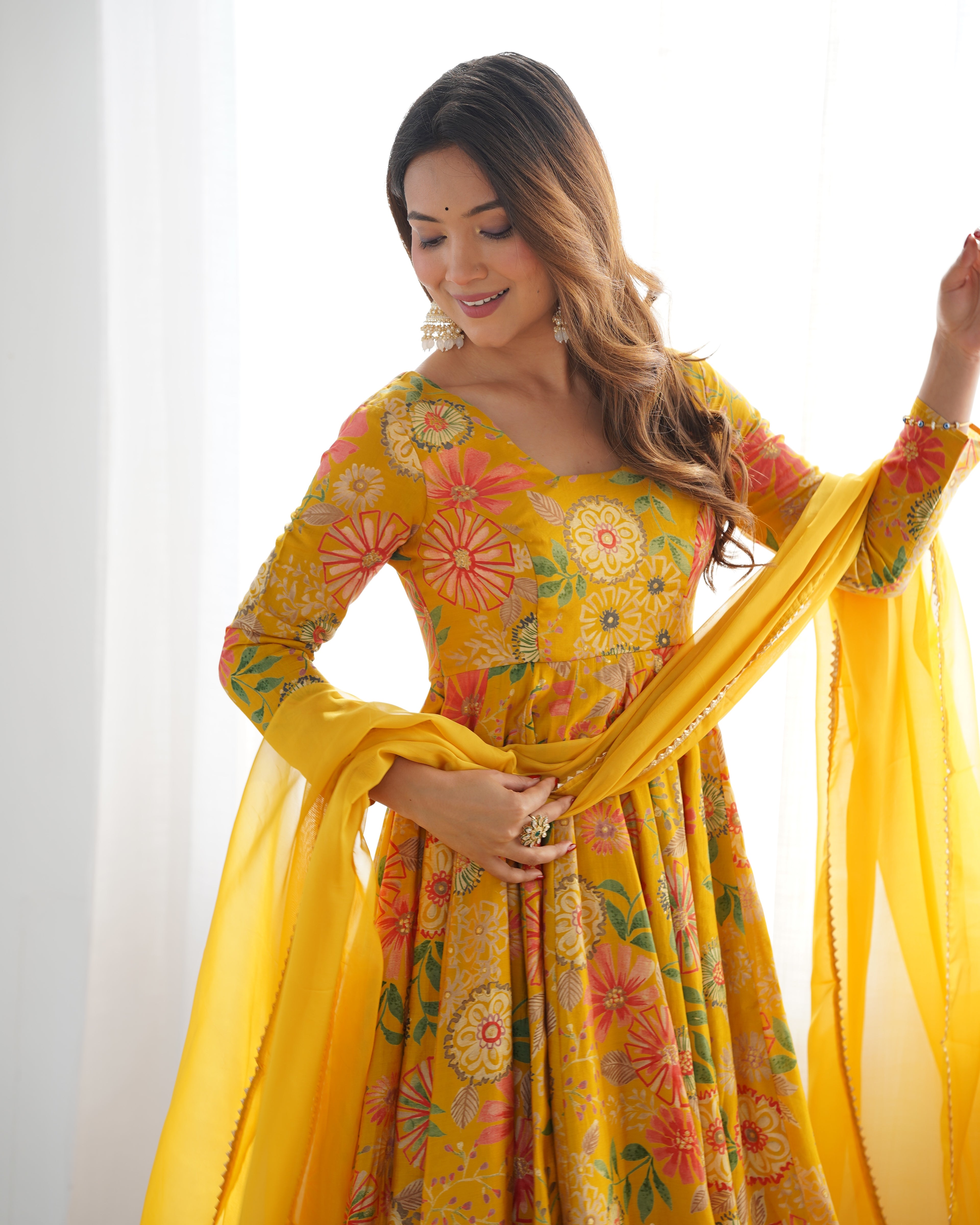 Sunshine Bloom Printed Roman Silk Kurta Palazzo Set with Dupatta