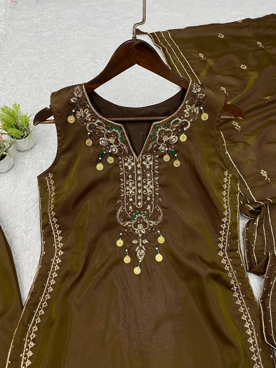 Chocolate Brown Coss Moss Salwar Suit Set with Sequin Embroidery