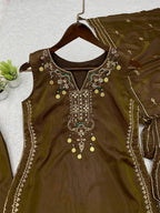 Chocolate Brown Coss Moss Salwar Suit Set with Sequin Embroidery