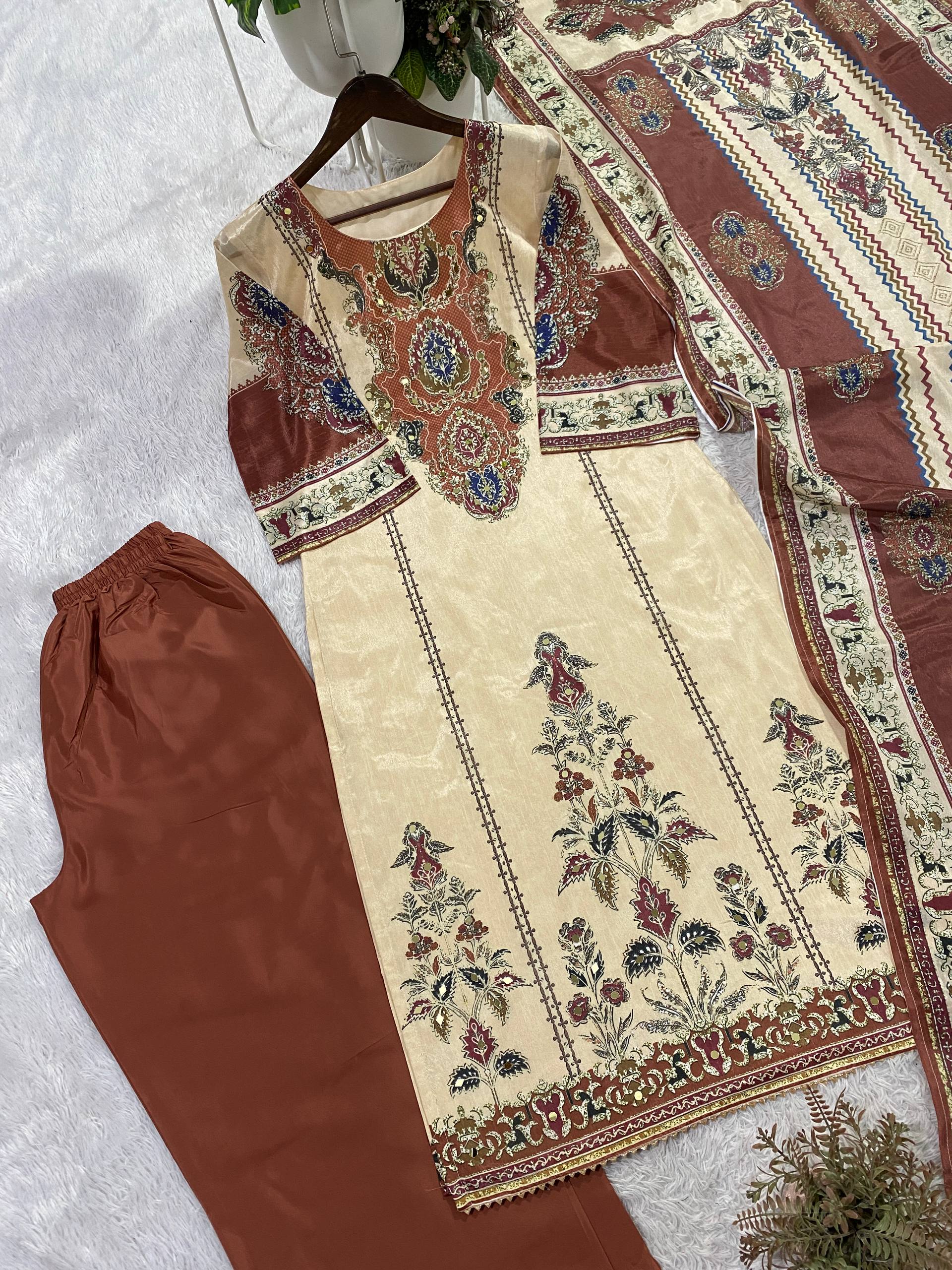 Very Attractive Beige and Maroon Printed Chinon Suit Set With Mirror Work