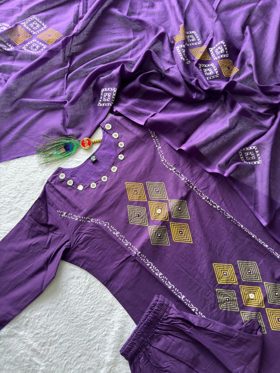 Elegant Royal Purple Pure Cotton Suit Set With Mirror Hand Work
