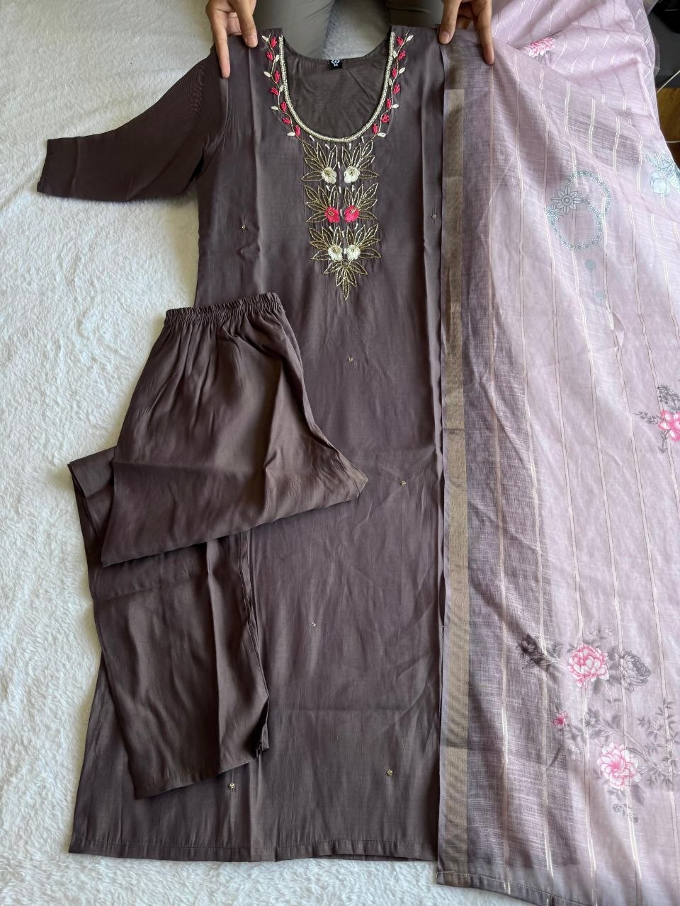 Brown Premium Mul Chanderi Hand Work Suit Set With Floral Dupatta