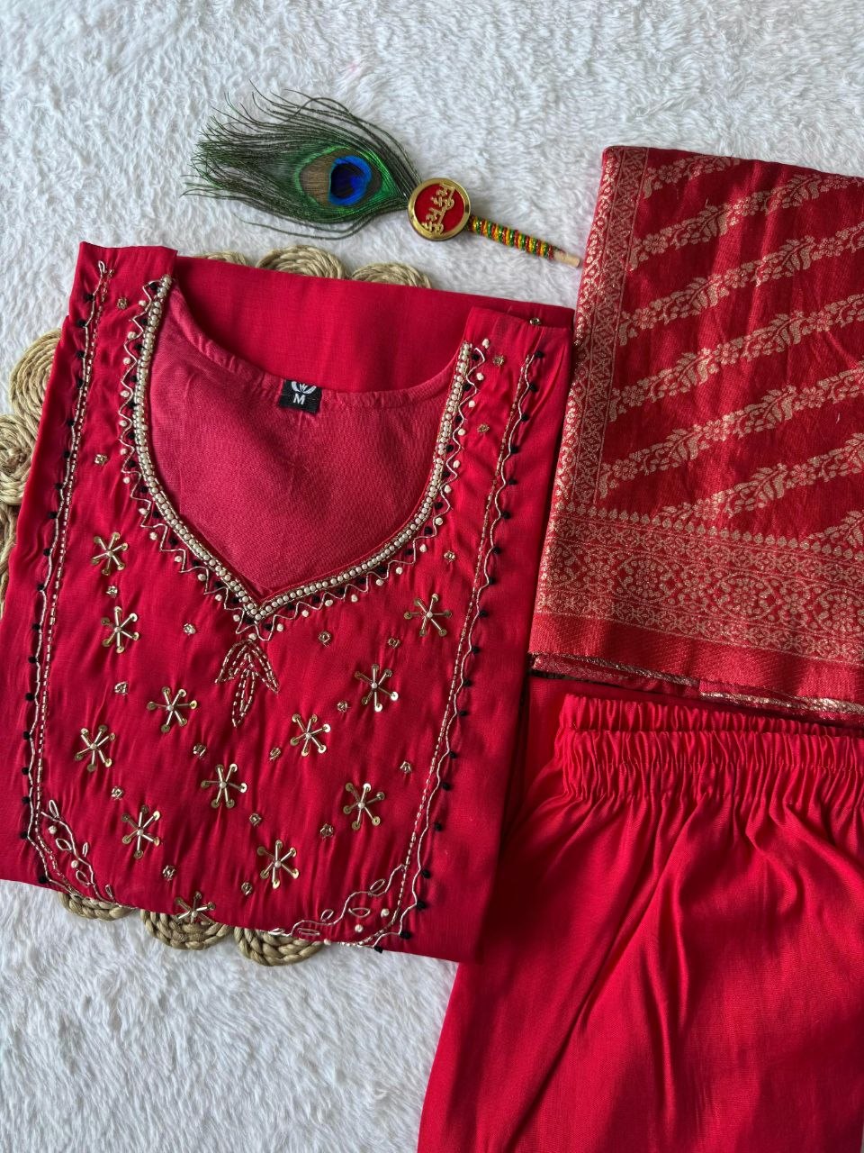 Elegant Handwork Mul Chanderi Suit Set With Jacquard Dupatta