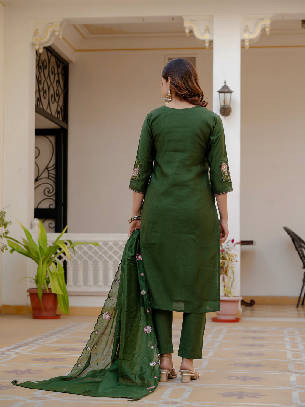 Elegant Green Mango Silk Suit Set with Floral Embroidery