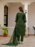 Elegant Green Mango Silk Suit Set with Floral Embroidery