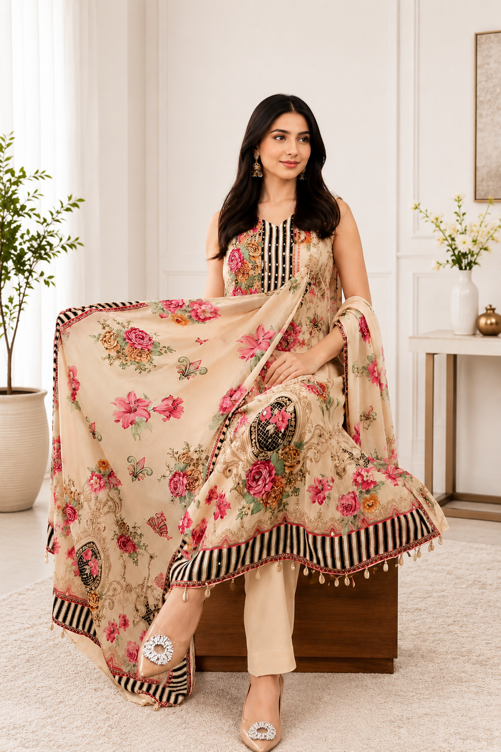 Elegant Floral Printed Muslin Suit Set with Dupatta