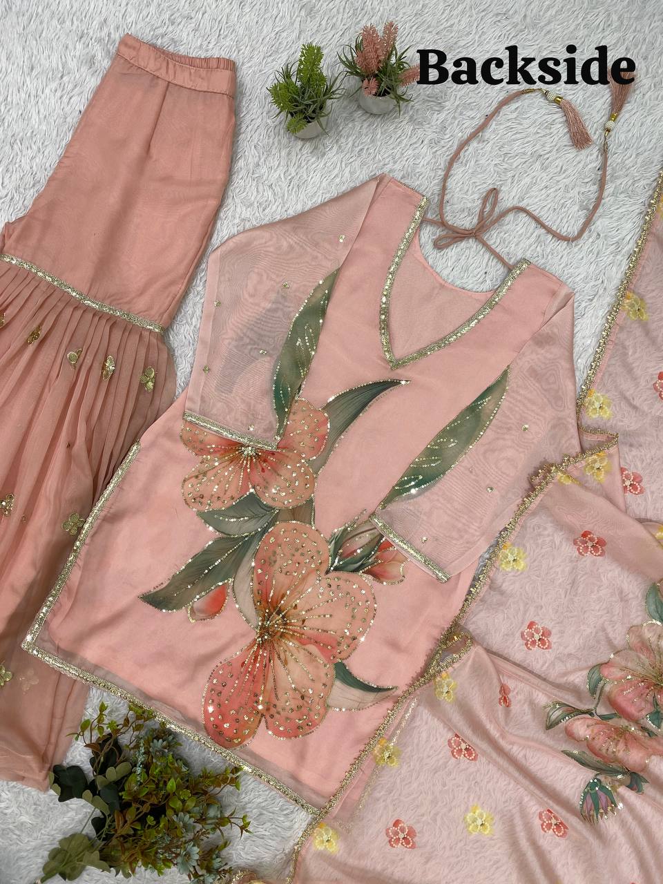 Elegant Blush Pink Sequence Embroidery Soft Organza Sharara Suit Set