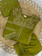 Elegant Mehndi Green Viscose Mango Silk Anarkali Kurti Set