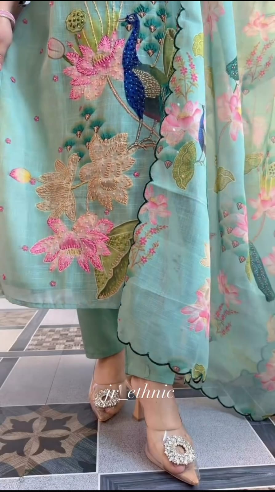 New Designer Mint Green Linen Cotton Suit Set with Handwork