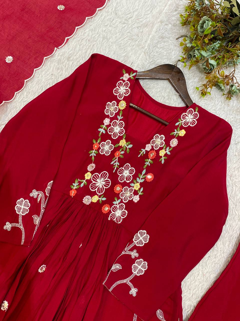 New Designer Festive Embroidery Mul Chanderi Anarkali Suit Set