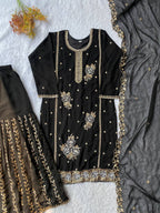 Premium Black Fox Georgette Sharara Suit with Sequins Embroidery Work