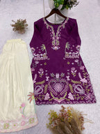 Very Attractive Magenta Floral Embroidered French Crepe Tunic Set