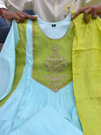 Designer Premium Lime Green & Pastel Blue Pure Mul Chanderi Embroidered Suit Set