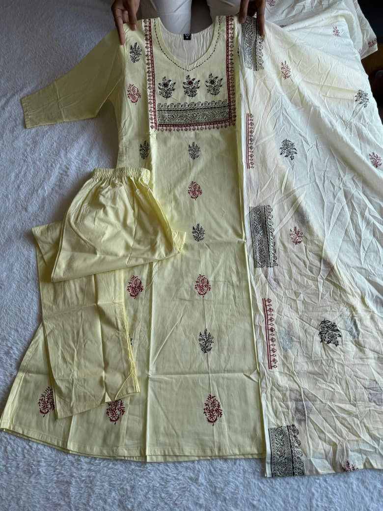 Ivory Cream Pure Cotton Hand Block Print Kurta Pant Set