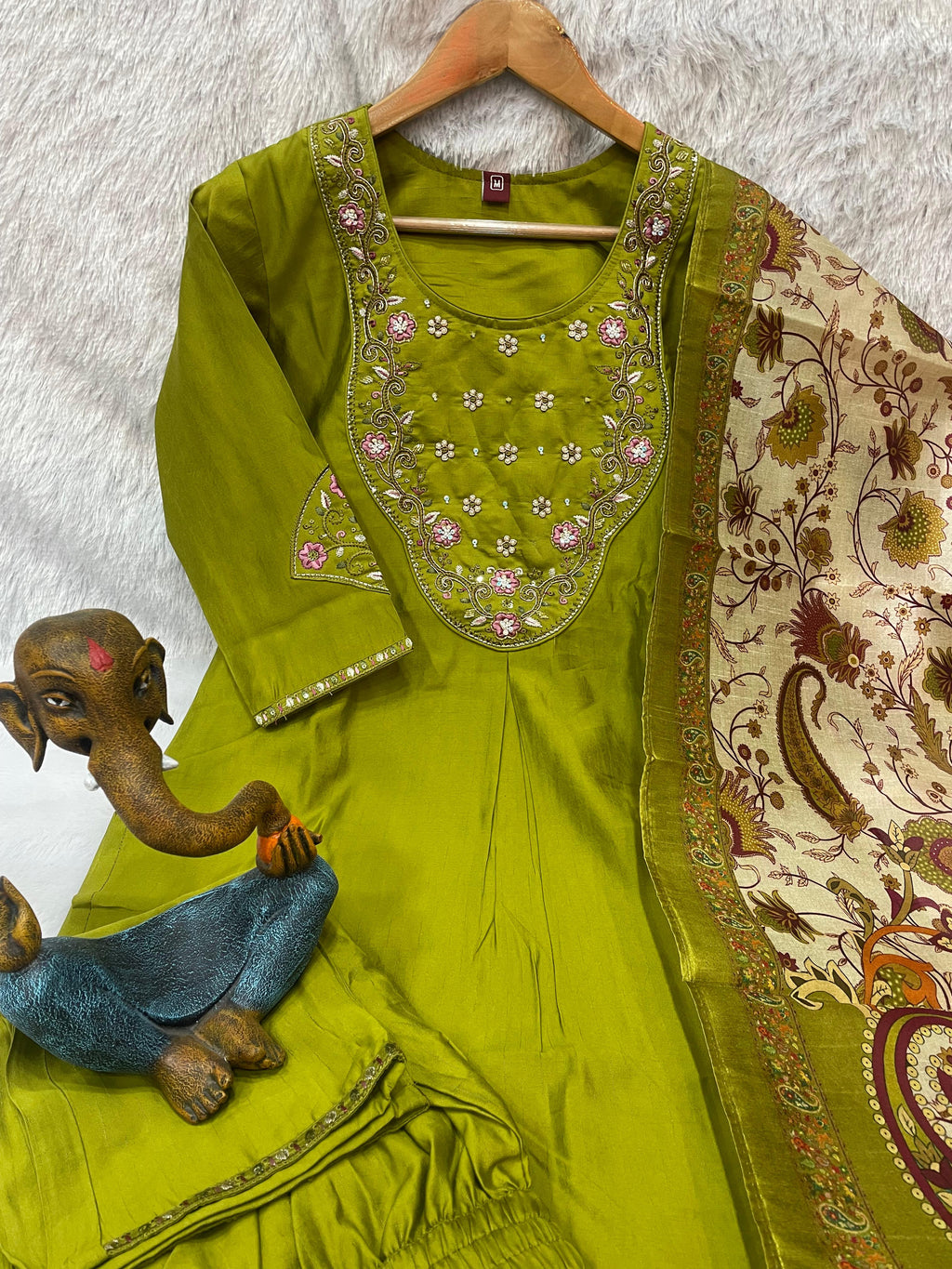 Beautiful Olive Green Premium Marina Silk Embroidered Kurti Pant Dupatta Set