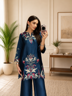 Premium Teal Blue French Crepe Embroidered Co-ord Set