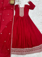 Premium Royal Red Vichitra Silk Anarkali Gown Set with Embroidered Dupatta