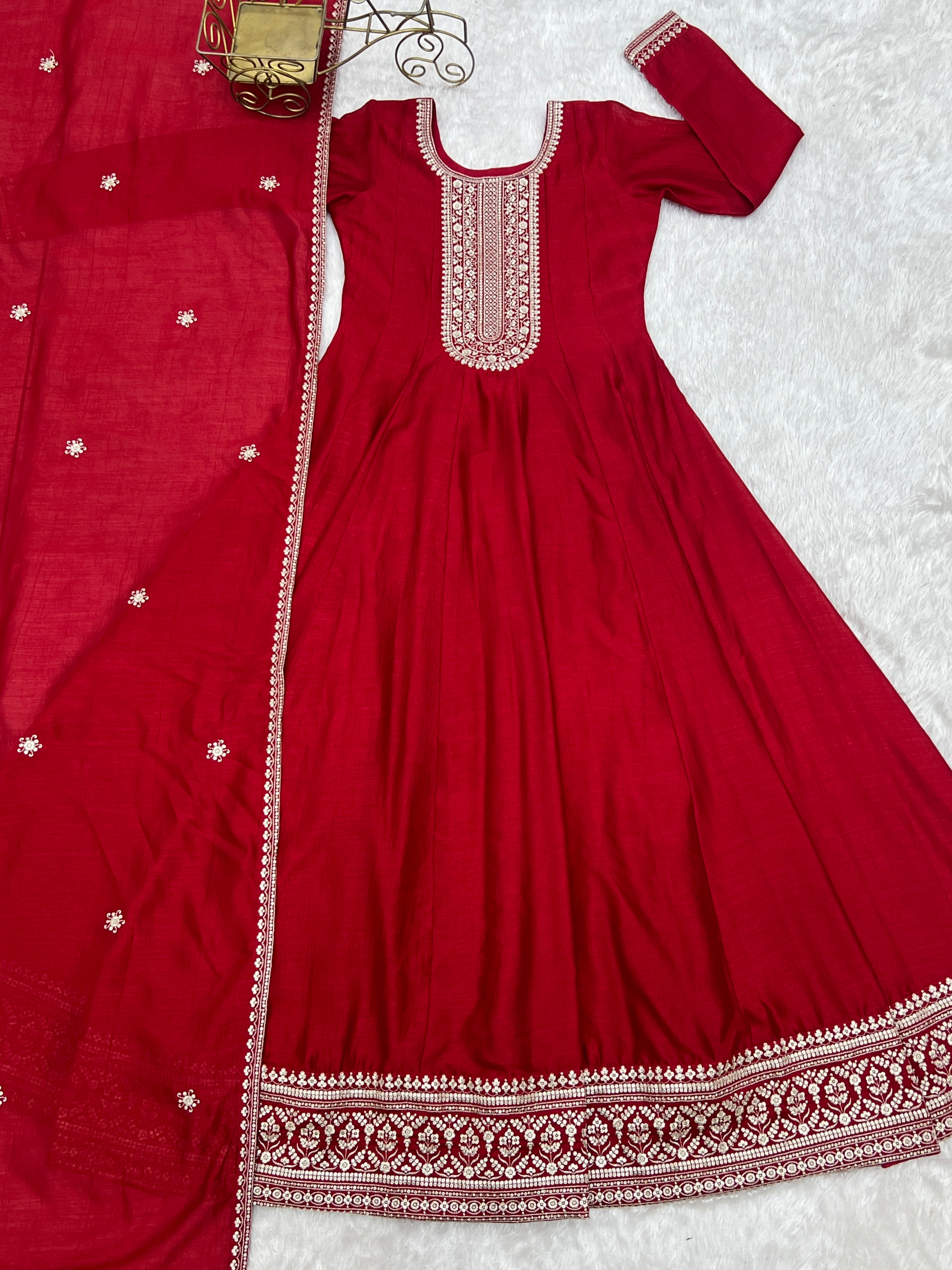 Premium Royal Red Vichitra Silk Anarkali Gown Set with Embroidered Dupatta
