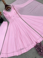 Blush Pink Faux Georgette Embroidered Anarkali Suit Set with Mirror Work Neckline