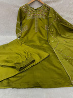 Elegant Mehndi Green Viscose Mango Silk Anarkali Kurti Set