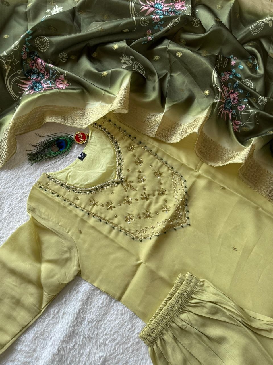 Very Beautiful Lime Green Handwork Premium Mul Chanderi Suit Set