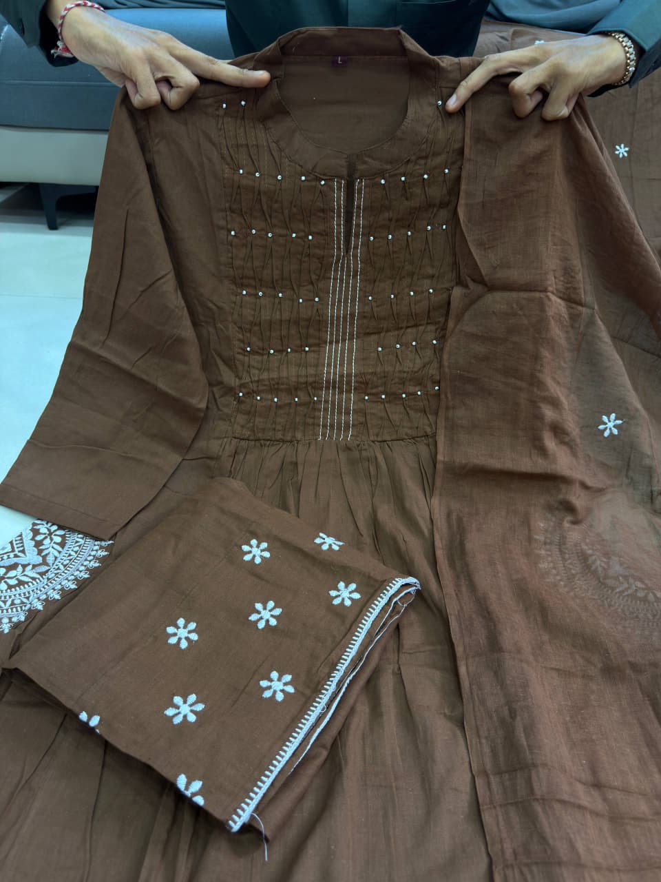 Elegant Brown A-Line Handwork Pure Cotton Suit Set