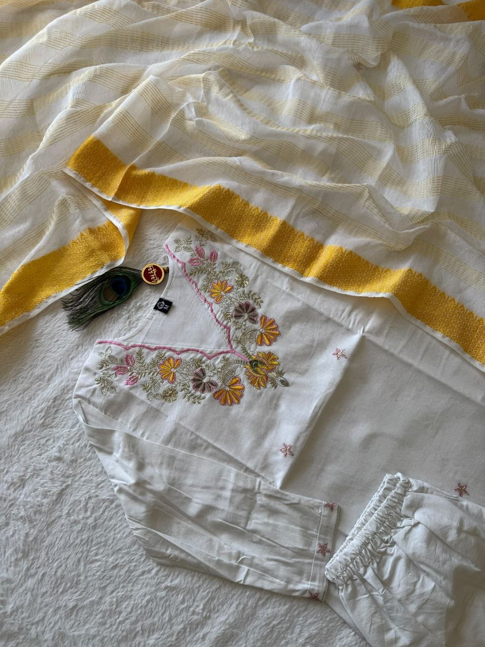 Pure Khadi Cotton Multi-Thread Embroidered Kurta Pant Set with Dupatta