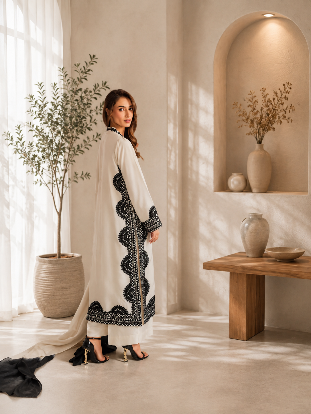 Ivory Biscuit Slub Monochrome Threadwork Kurta Set