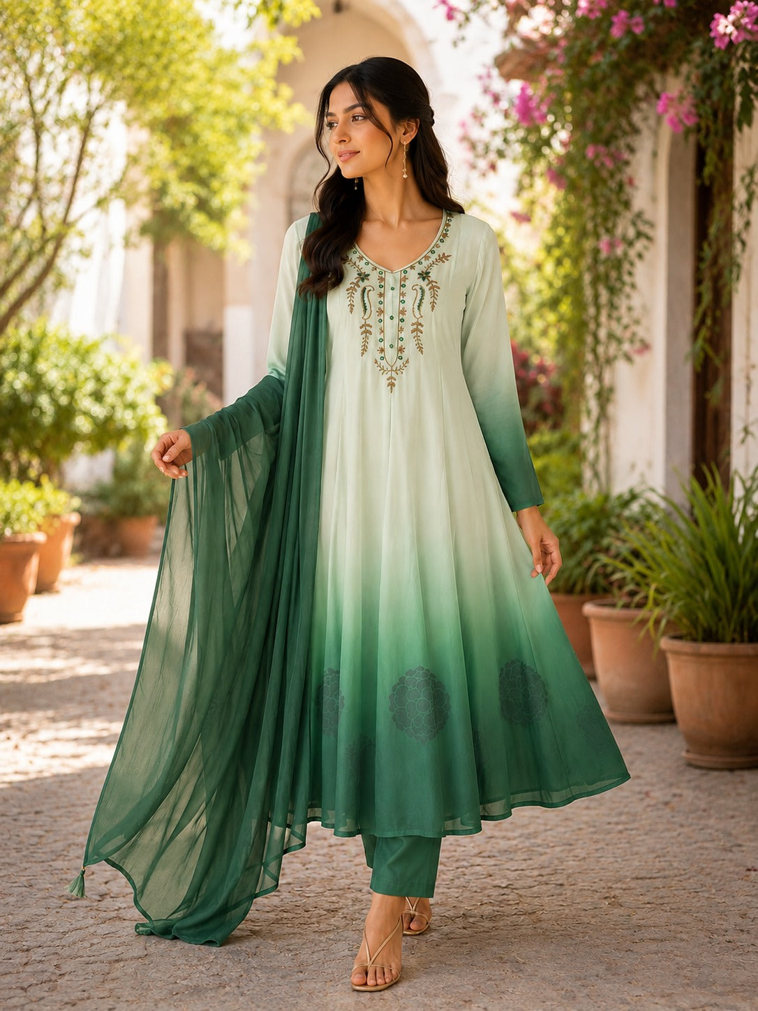 Designer Premium Green Orange Chiffon Embroidered Anarkali Suit Set