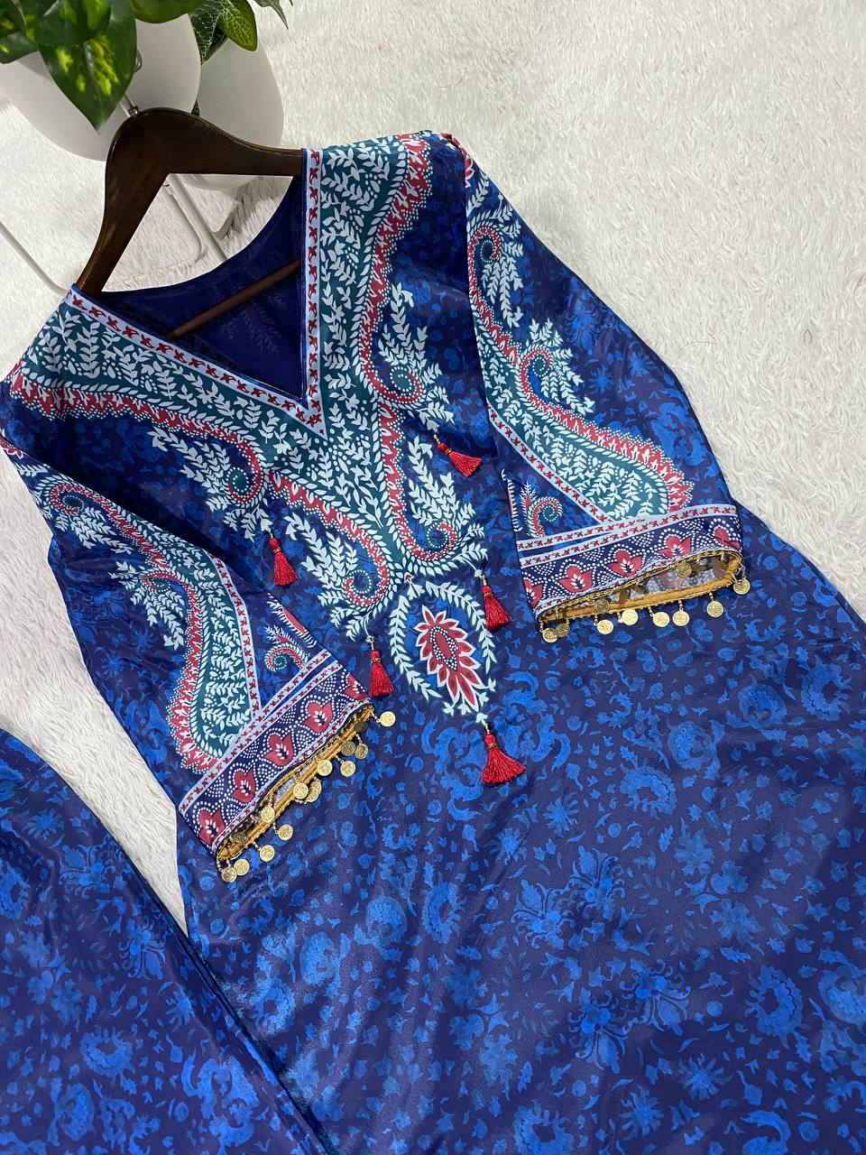 Designer Royal Blue Printed Crepe Silk Co-ord Set With Yoke Tassels