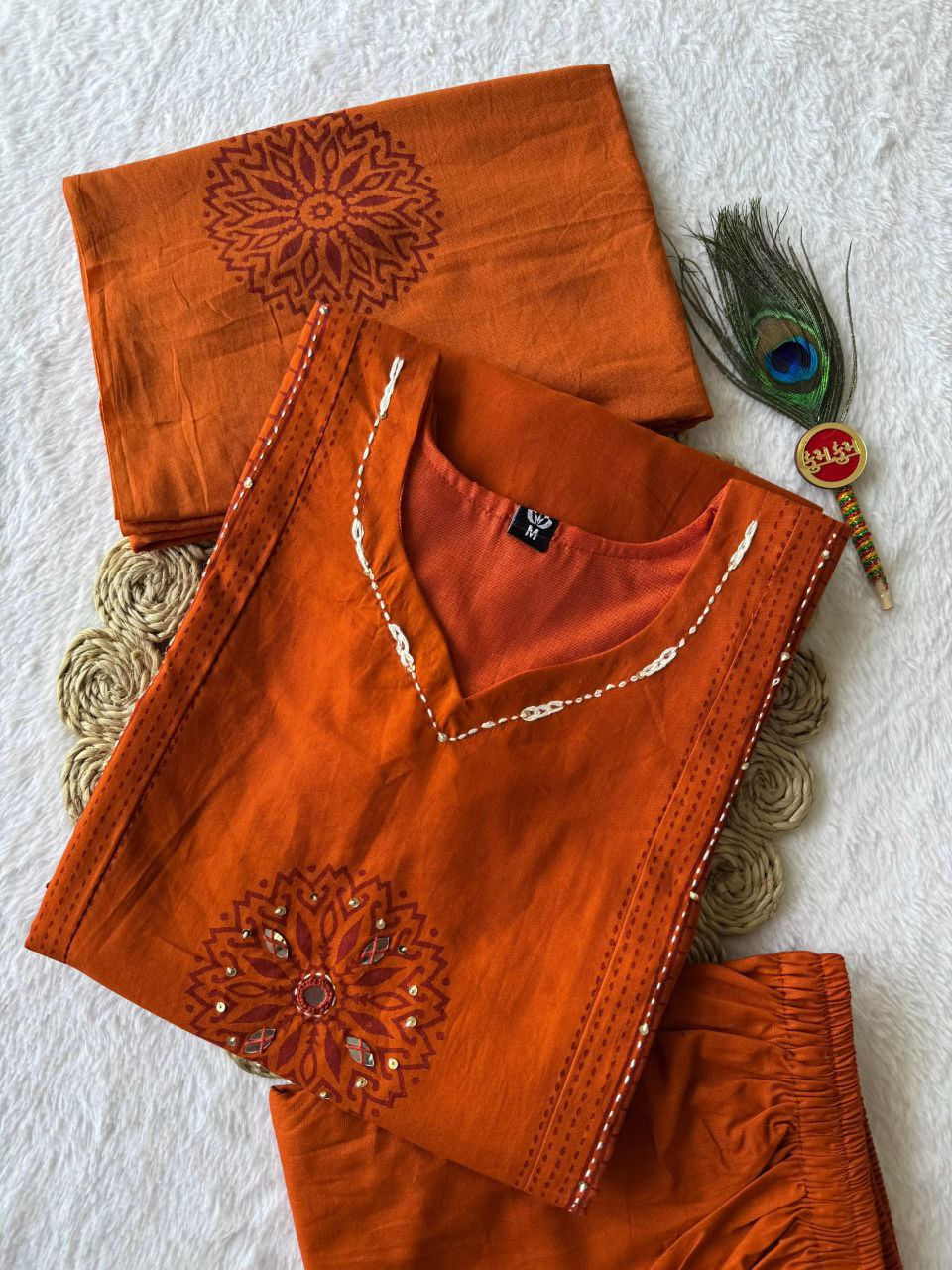 Premium Rust Orange Hand Block Print Pure Cotton Suit Set