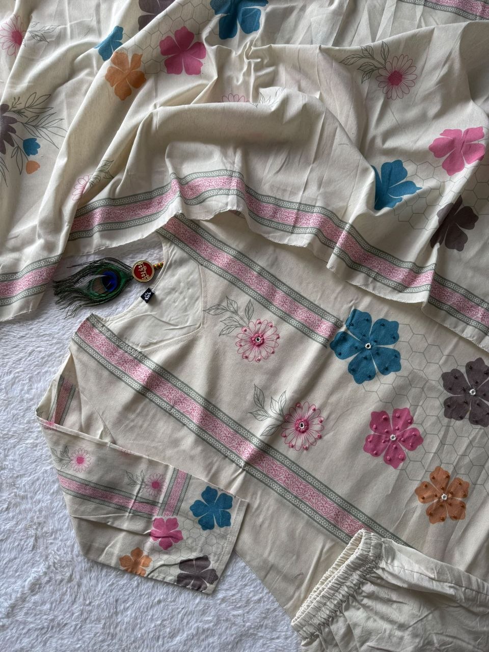 Very Attractive Pure Khadi Cotton Multi-Thread Handwork A-Line Kurta Set