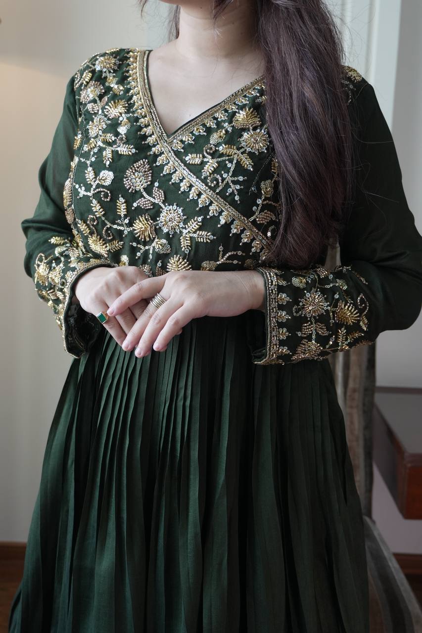 Green Blooming Vichitra Silk Embroidered Anarkali Gown
