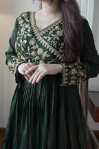 Green Blooming Vichitra Silk Embroidered Anarkali Gown