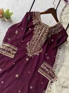 Elegant Royal Purple Faux Georgette Sequence Embroidery Salwar Suit Set