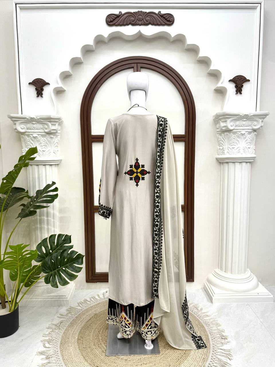 Elegant Beige Rayon Satin Thread Work Kurta Palazzo Set